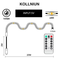 Kollniun LED trubice, pohádková světla USB 20 m IP68 vodotěsná LED světelná trubice, dálkový časovač 8 režimů řetězová světla pr